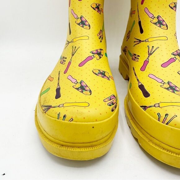 Western Chief Yellow In the Garden Print Mid-Calf Rubber Rain Boots Sz 8 - Picture 7 of 14